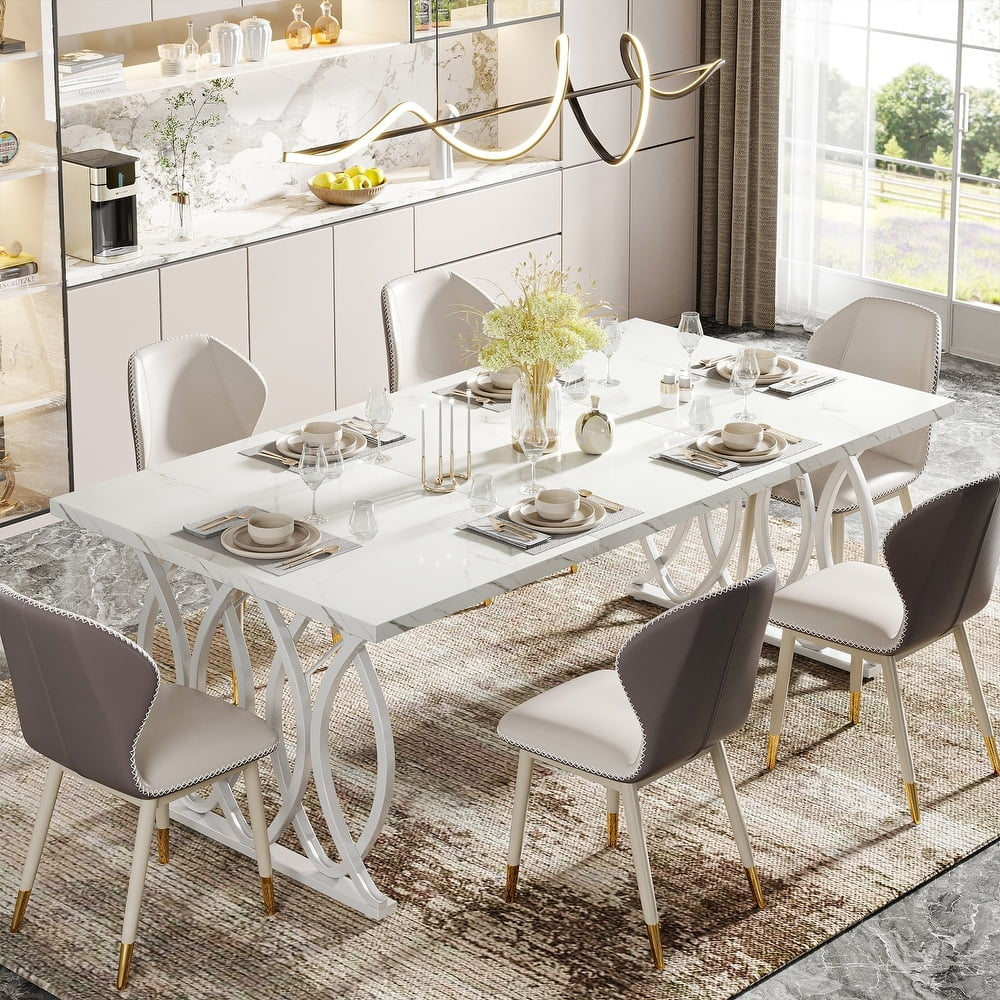 Modern 63 in Rectangle Geometric Legs Dining Table, White