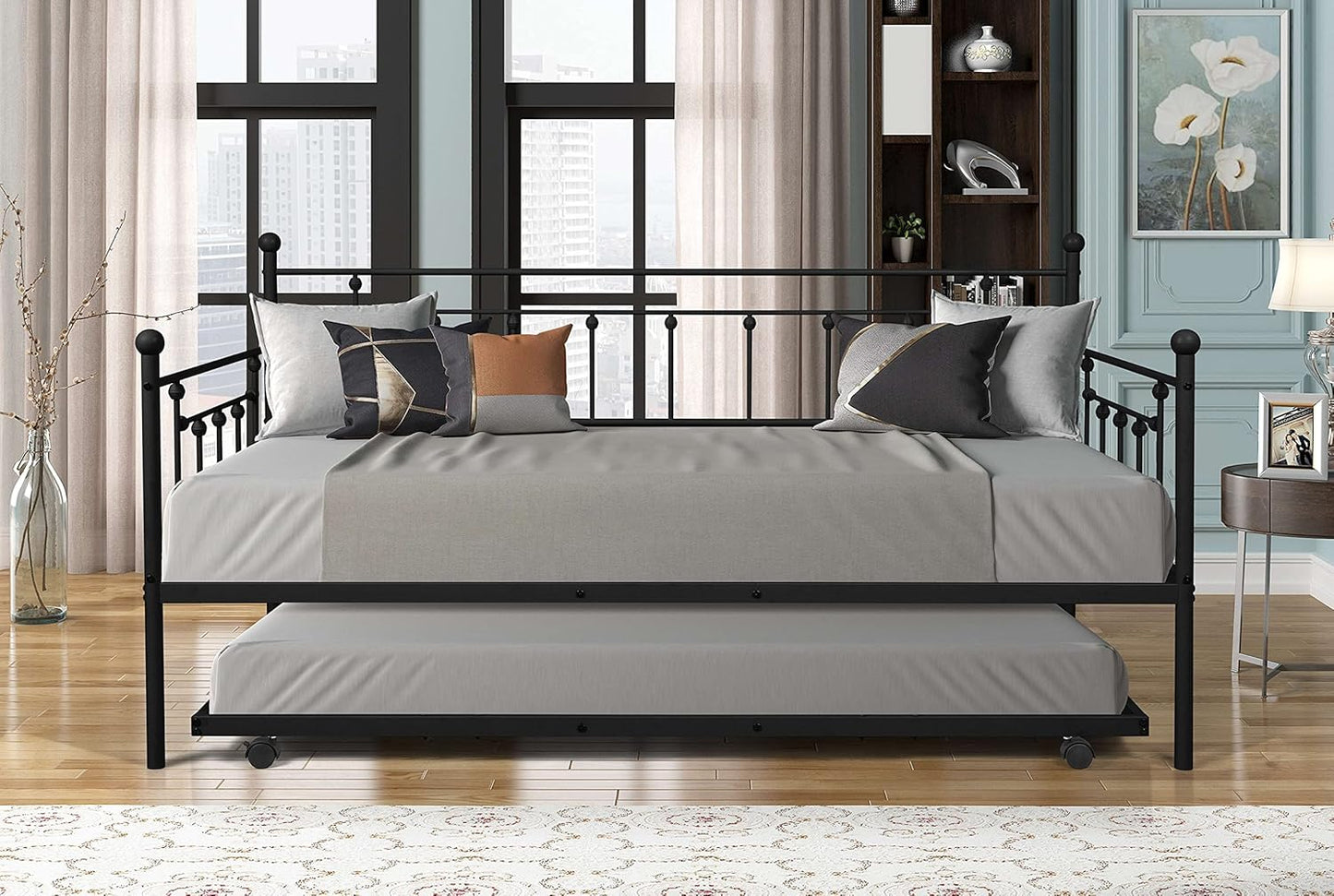 Twin Size Metal Frame Daybed with Trundle,Heavy Duty Steel Slat,Bedroom Living Room Furniture for Guest,Space Saving,No Box Spring Needed