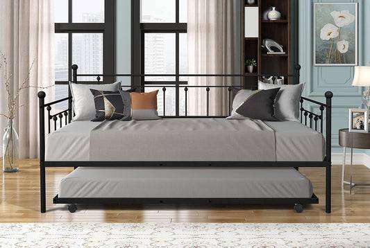 Twin Size Metal Frame Daybed with Trundle,Heavy Duty Steel Slat,Bedroom Living Room Furniture for Guest,Space Saving,No Box Spring Needed