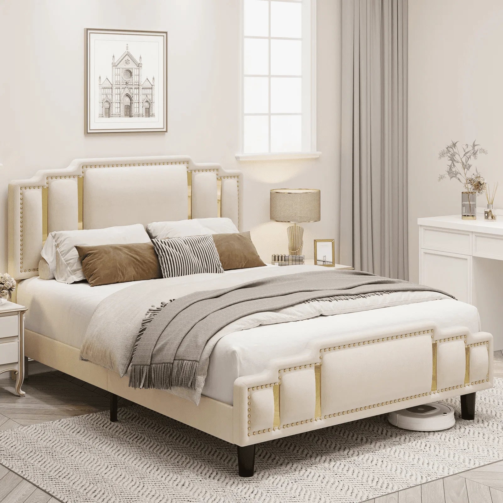 Queen Bed Frame, Luxury Velvet Upholstered Headboard with Golden Iron Sheet & Rivets, Platform Bed with Adjustable Headboard, White