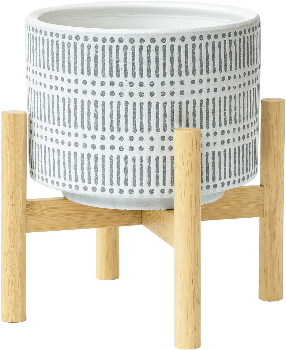 Ceramic Plant Pot with Wood Stand - 7.3 Inch Modern round Decorative Flower Pot Indoor with Wood Planter Holder, Slate Blue and White