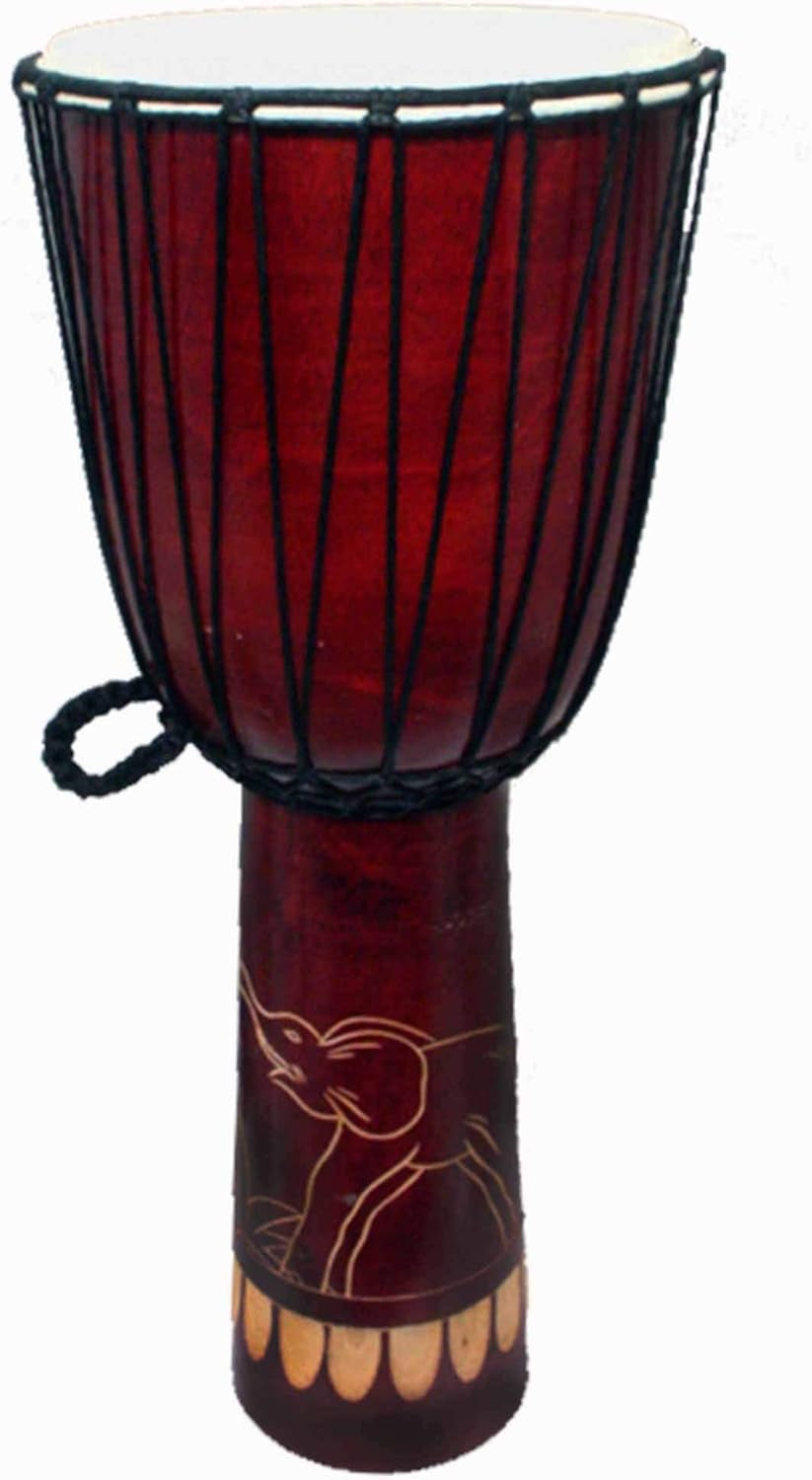 Djembe Drum Carved Bongo African Inspired Music Also a Unique Gifting Idea. Carver Abstract Elephant Giraffe Turtle. (24 Inch, Elephant)