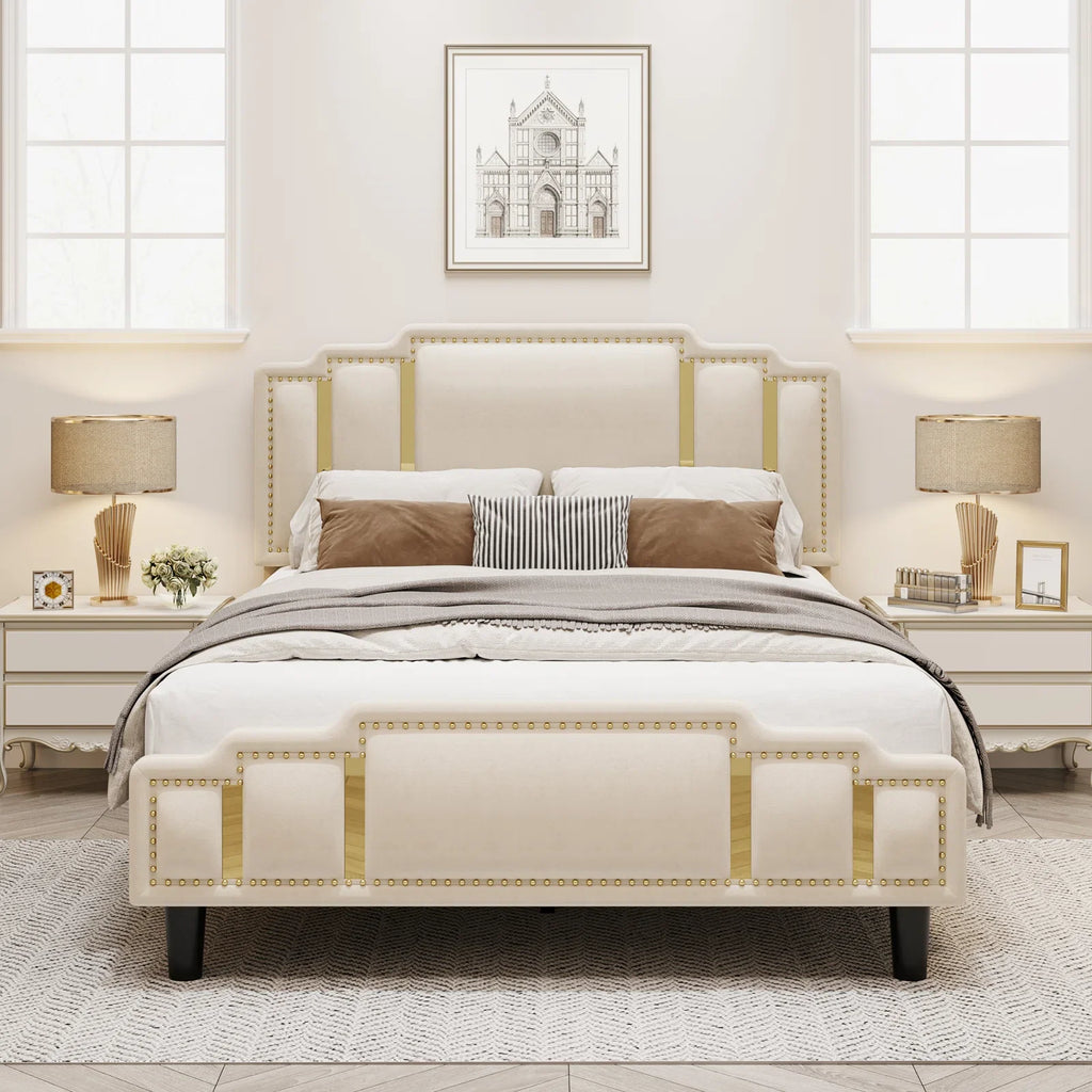 Queen Bed Frame, Luxury Velvet Upholstered Headboard with Golden Iron Sheet & Rivets, Platform Bed with Adjustable Headboard, White