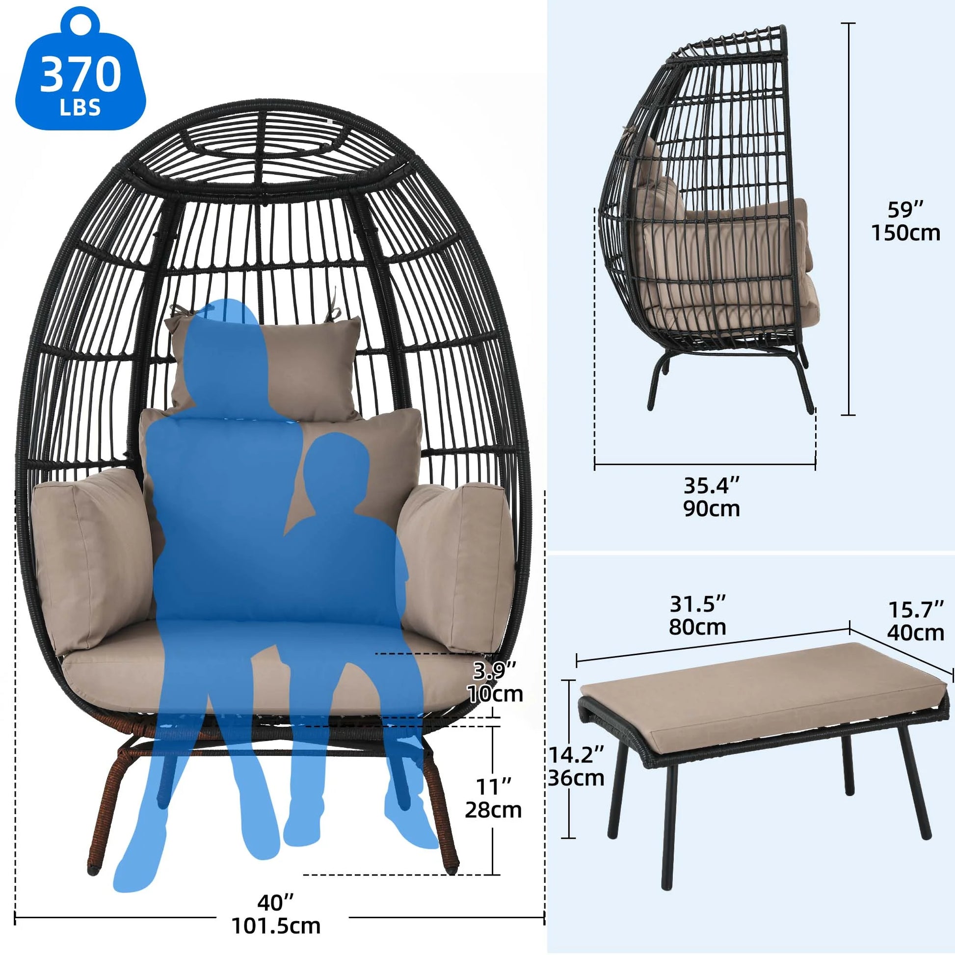 Egg Chair with Footstool, Outdoor Oversized Egg Lounger Chair with Stand, Cushion, Wicker Chair for Patio, Garden, Backyard, Porch - Black & Brown