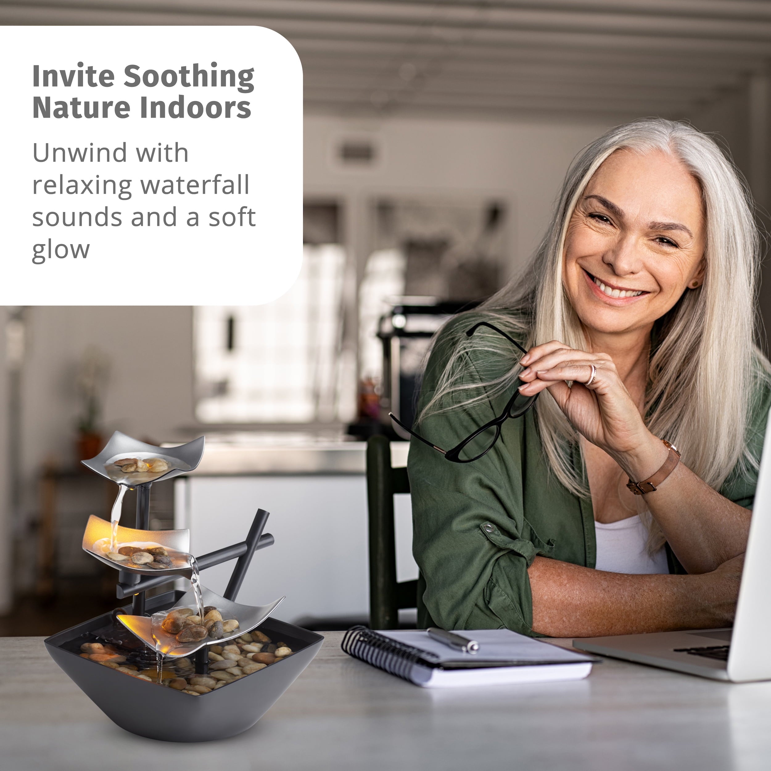 Envirascape Silver Springs Corded Electric Indoor Water Fountain, Natural River Rocks