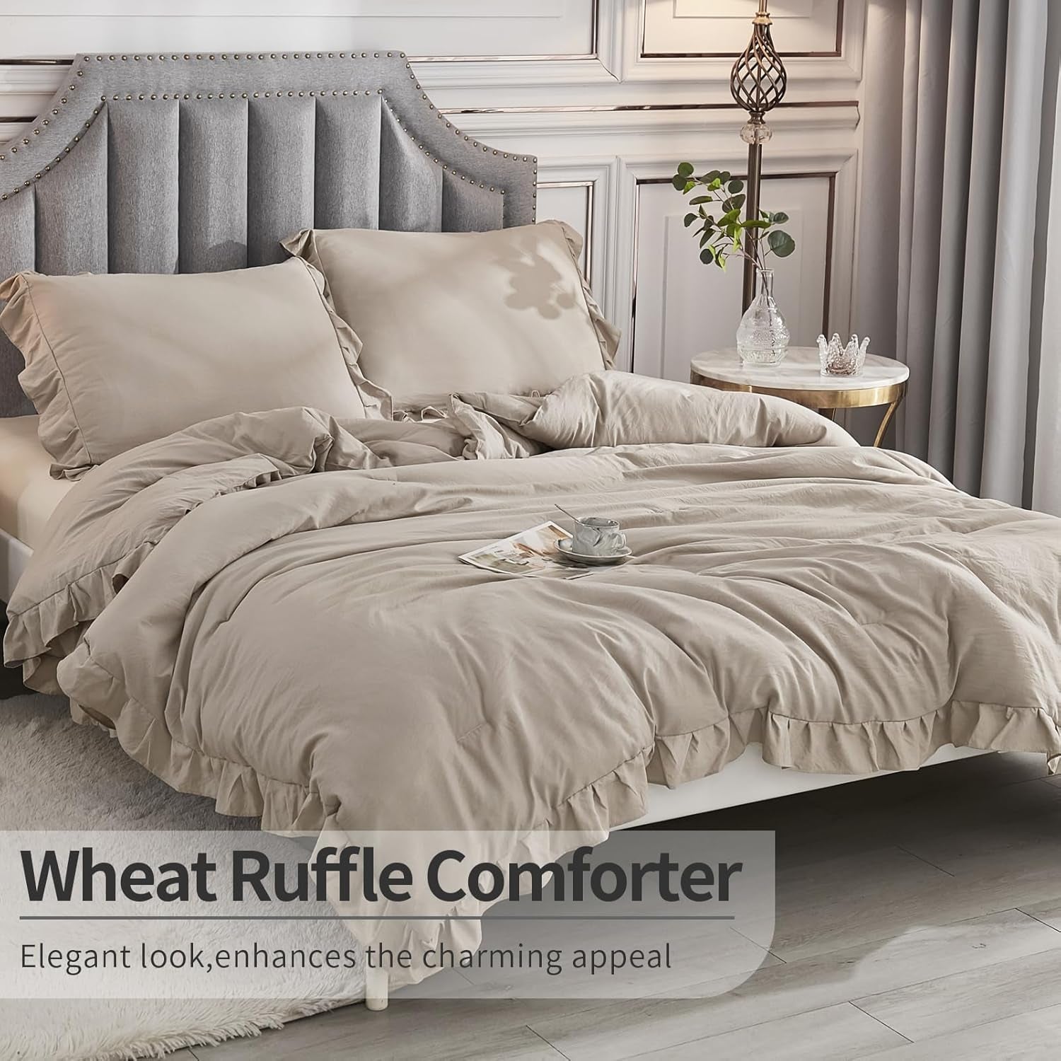 Wheat Ruffled Comforter King(104X90Inch), 3 Pieces(1 Ruffle Comforter and 2 Pillowcases) Vintage Ruffle Fringe Comforter, Farmhouse Rustic Microfiber down Alternative Bedding Comforter Set