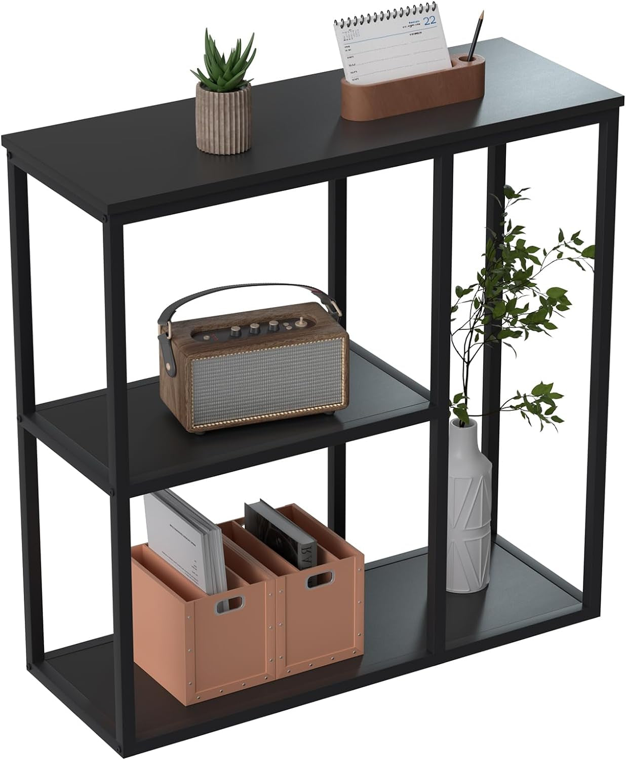 Console Table, 12'' Narrow Entryway Table for Living Room, 31.5'' X 31.5'' Black Industrial Sofa Table with 3-Tier Storage Shelves for Corridor, Hallway, Black