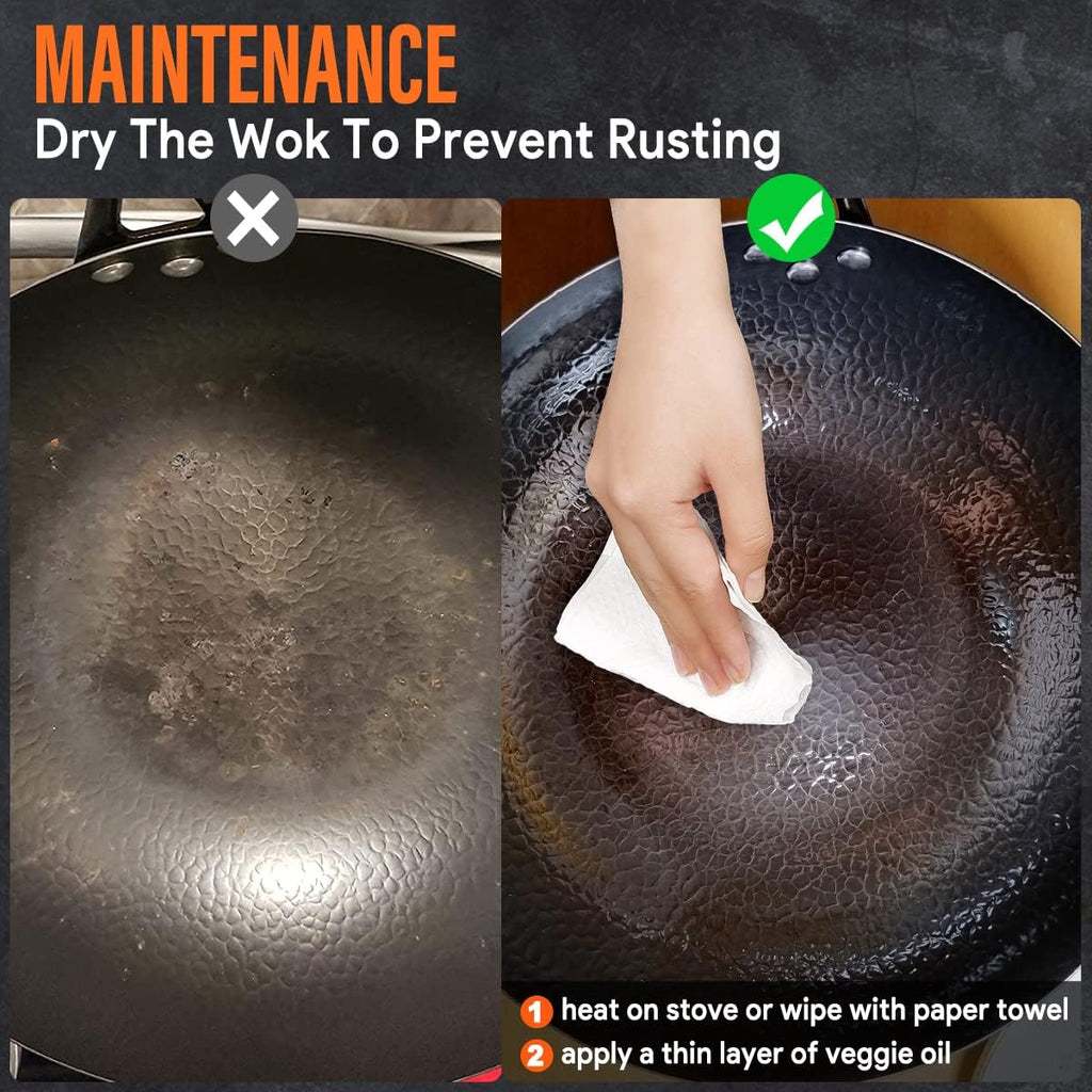 Wok Pan 12.5" Carbon Steel Wok Stir Fry Pan with Lid, Flat Bottom Chinese Wok Set with 6 Utensils Cookware Accessories for All Stoves