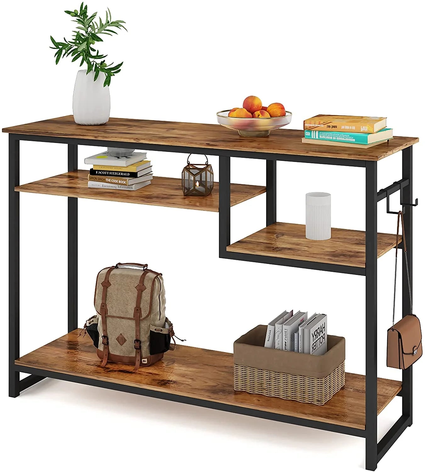 Narrow Console Table Buffet Sideboard Side Desk Entryway Table with 4 Storage Shelves & 2 Hooks, Rustic