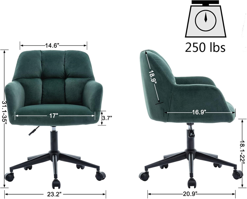 Hi&Yeah Modern Velvet Office Chair, Height Adjustable Comfy Desk Chair with Wheels, Swivel Armchair for Living Room Home Office Computer, Dark Green
