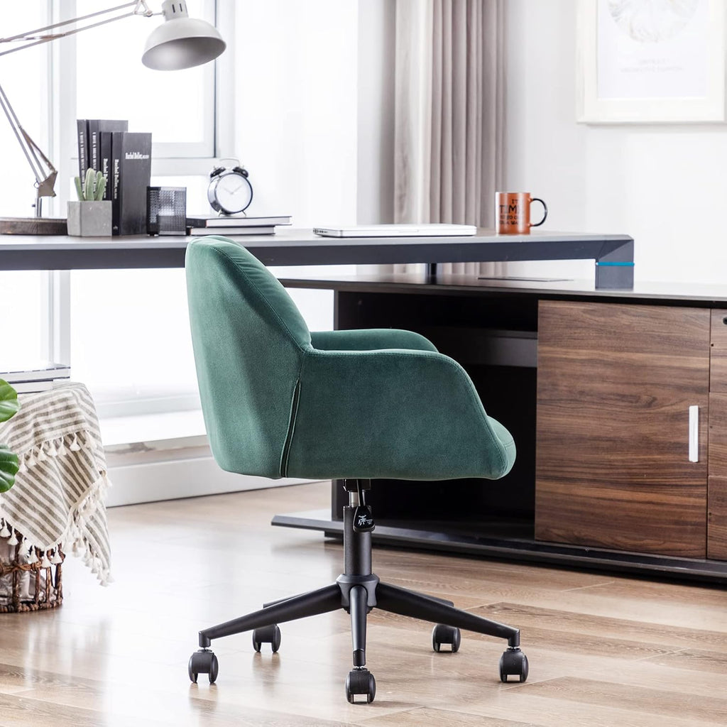 Hi&Yeah Modern Velvet Office Chair, Height Adjustable Comfy Desk Chair with Wheels, Swivel Armchair for Living Room Home Office Computer, Dark Green