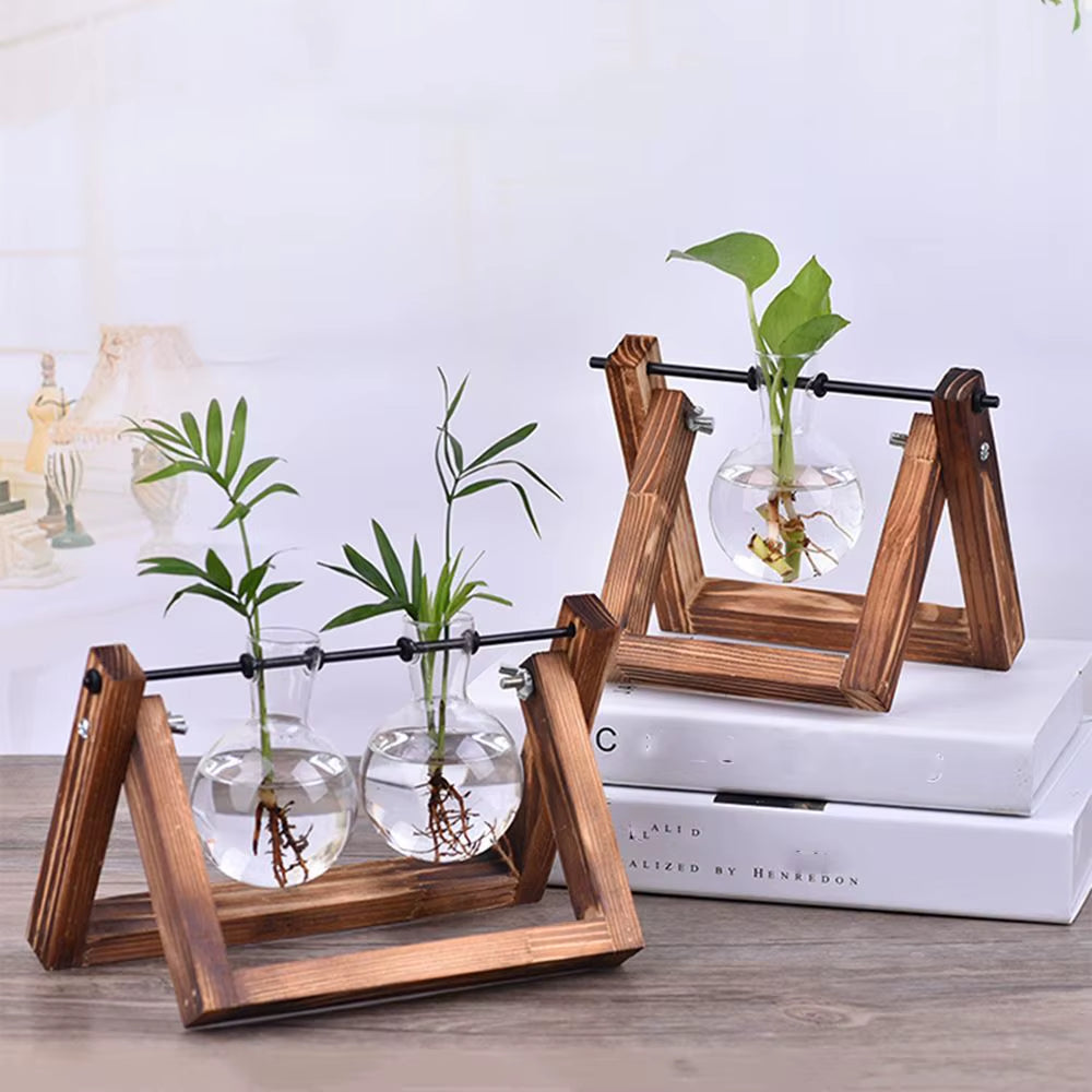 Hydroponic Plant Vases Glass Vase Vintage Bonsai Flower Pot Terrarium Tabletop Tray Wooden Frame Home Decor
