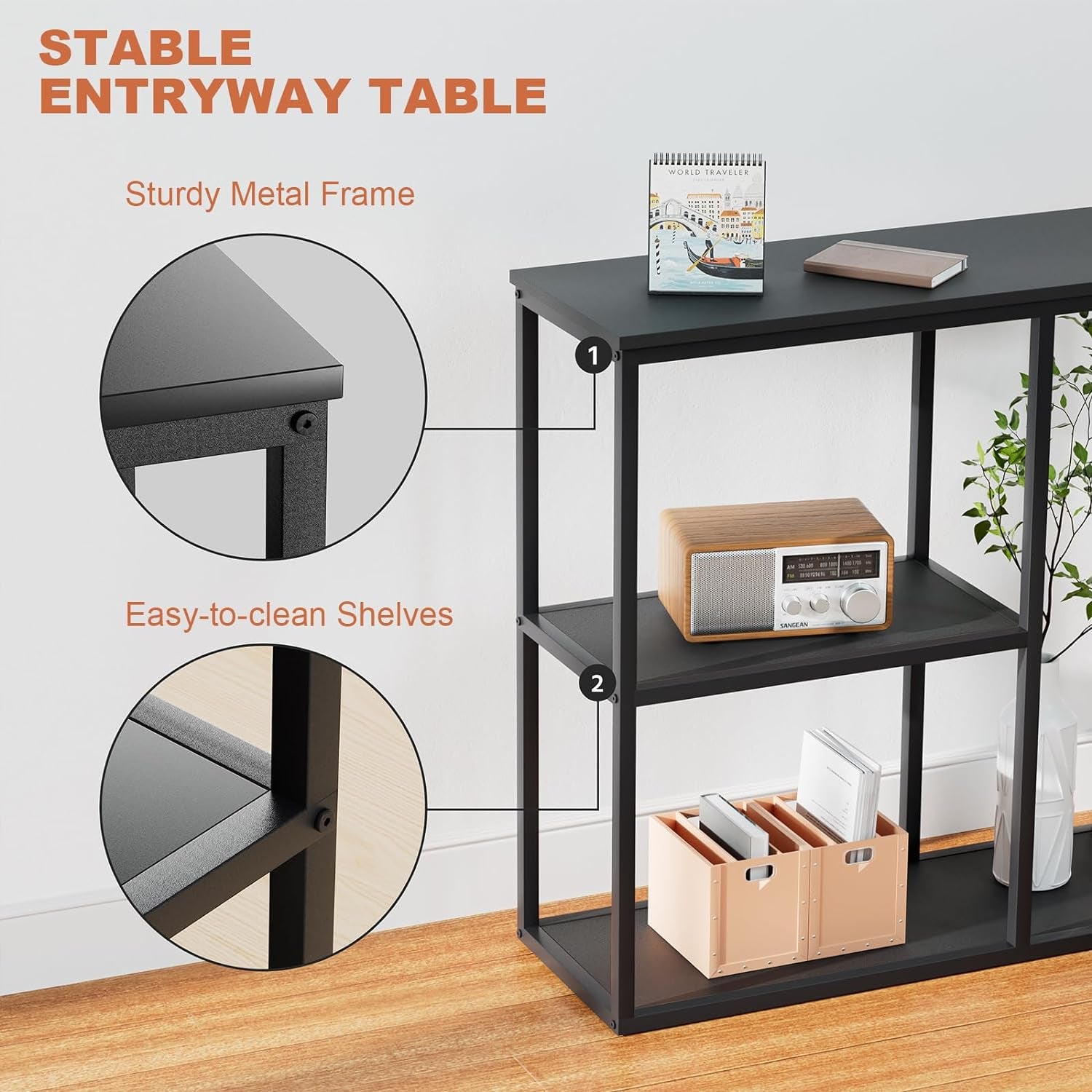 Console Table, 12'' Narrow Entryway Table for Living Room, 31.5'' X 31.5'' Black Industrial Sofa Table with 3-Tier Storage Shelves for Corridor, Hallway, Black