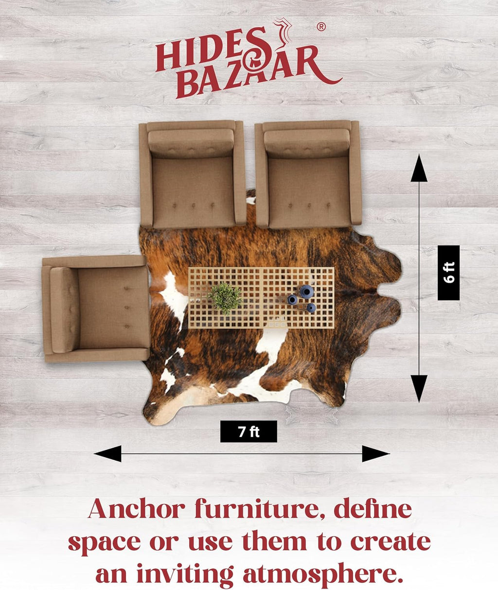 Brown Brindle Cowhide Rug Premium Cow Skin Rug with Unique Brown, Black & White Pattern - Natural Cowhide Rug Made Tanned Leather Cow Hides - Cow Hide Rugs 6X7 Ft