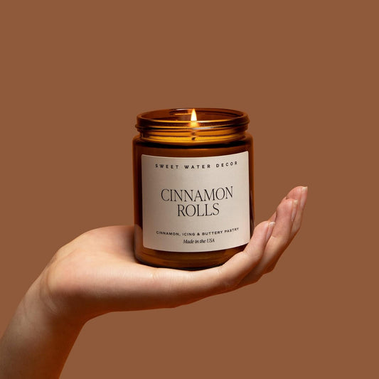 Cinnamon Roll Candle - Christmas Candle with Cinnamon, Icing & Buttery Pastry for Home - Cinnamon Soy Candle with 40 Hours Burn Time - 9Oz Black Lid Amber Jar Cinnamon Scents